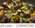Close-up of stir-fried eggplant and bell peppers with oyster sauce 138005580