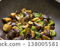 Close-up of stir-fried eggplant and bell peppers with oyster sauce 138005581