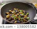 Close-up of stir-fried eggplant and bell peppers with oyster sauce 138005582