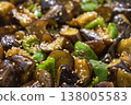 Close-up of stir-fried eggplant and bell peppers with oyster sauce 138005583