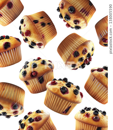Multiple freshly baked blueberry and cranberry muffins scattered and isolated on white background, concept of delicious bakery Multiple freshly baked blueberry and cranberry muffins scattered and isolated on white background, concept of delicious bakery 138005590