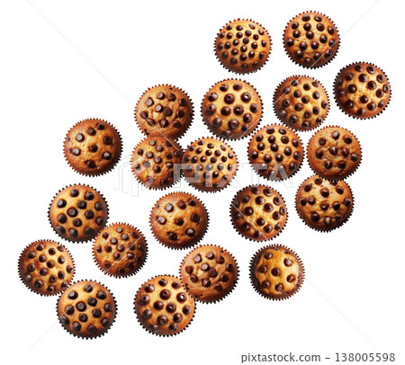Multiple chocolate chip muffins arranged in a scattered pattern, isolated on white background, concept of bakery treats Multiple chocolate chip muffins arranged in a scattered pattern, isolated on white background, concept of bakery treats 138005598