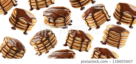 Multiple stacks of fluffy pancakes topped with rich chocolate syrup, isolated on white background, concept of sweet breakfast Multiple stacks of fluffy pancakes topped with rich chocolate syrup, isolated on white background, concept of sweet breakfast 138005607
