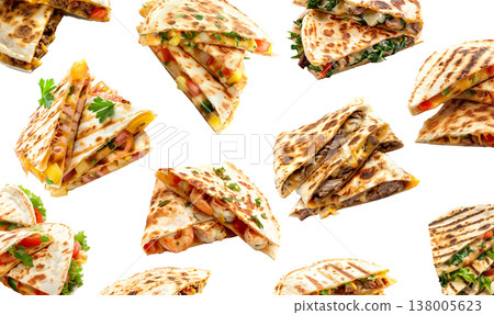 Quesadilla pieces with fillings, street food style isolated on white background, concept of tasty cuisine variety 138005623