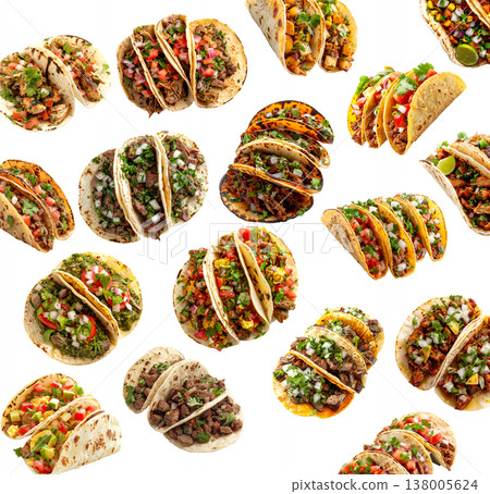 Multiple tacos filled with meats and vegetables isolated on white background, concept of delicious cuisine Multiple tacos filled with meats and vegetables isolated on white background, concept of delicious cuisine 138005624