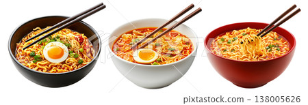 Delicious Korean ramen with boiled eggs, grilled pork, onions, and seaweed in black bowl isolated on white background Delicious Korean ramen with boiled eggs, grilled pork, onions, and seaweed in black bowl isolated on white background 138005626