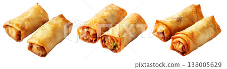 Crispy golden spring rolls with flaky texture shown isolated on white transparent background, Asian snack concept 138005629