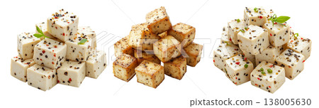 Cubes of seasoned tofu with visible herbs and spices, arranged in stack isolated on white transparent background Cubes of seasoned tofu with visible herbs and spices, arranged in stack isolated on white transparent background 138005630