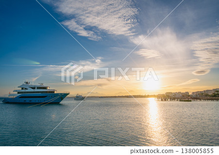 Luxury Yacht at Sunset in Hurghada Marina, Egypt Luxury Yacht at Sunset in Hurghada Marina, Egypt 138005855
