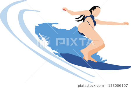 Illustration of a woman surfing on rough waves Illustration of a woman surfing on rough waves 138006107