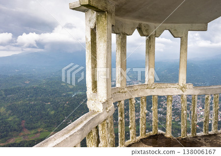 View from Ambuluwawa Tower, multi-religious temple complex located in Gampola, in Sri Lanka. Rustic Balcony Viewpoint Over Lush Green Valley and Distant Town Under Cloudy Sky View from Ambuluwawa Tower, multi-religious temple complex located in Gampola, in Sri Lanka. Rustic Balcony Viewpoint Over Lush Green Valley and Distant Town Under Cloudy Sky 138006167