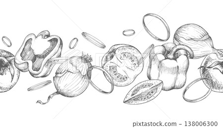 Seamless border of the onions, tomatoes and bell peppers. Vector ink styled handmade illustration. For packaging design, cards, cover, prints, product labels and fabric. Seamless border of the onions, tomatoes and bell peppers. Vector ink styled handmade illustration. For packaging design, cards, cover, prints, product labels and fabric. 138006300