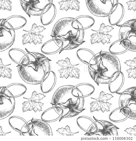 Seamless pattern of the tomatoes, cuting onion and parsley. Vector ink styled handmade illustration. For packaging design, cards, cover, prints, product labels and fabric. Seamless pattern of the tomatoes, cuting onion and parsley. Vector ink styled handmade illustration. For packaging design, cards, cover, prints, product labels and fabric. 138006302