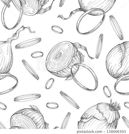 Seamless pattern of the onions. For packaging design, cards, cover, prints, product labels and fabric. 138006303
