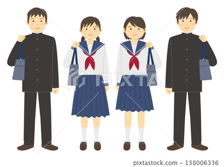 一組中學生身穿制服、背著書包的插圖。 一組中學生身穿制服、背著書包的插圖。 138006336