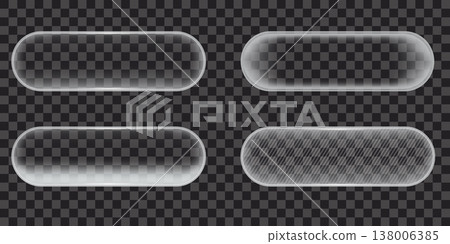 Transparent rounded glass buttons set. Minimalist glossy Glassmorphism button frames with reflections and frosted texture for modern UI design. Collection clean web elements on dark background. Vector 138006385