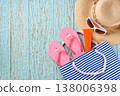 beach accessories: straw hat, bag, sunglasses and colorful beach flip flops on a blue wooden background, top view  . 138006398