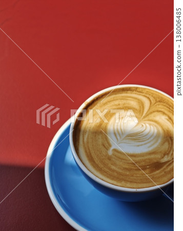 Hot Latte Cappuccino Blue Ceramic Cup Overhead Hot Latte Cappuccino Blue Ceramic Cup Overhead 138006485