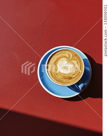 Minimal Latte Art Cup on Red Table Wide Shot Minimal Latte Art Cup on Red Table Wide Shot 138006501