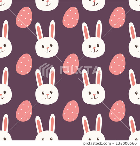 Seamless easter pattern with cute bunny faces and decorated eggs. Perfect for textile, wrapping paper, and holiday design. Playful modern spring background. 138006560