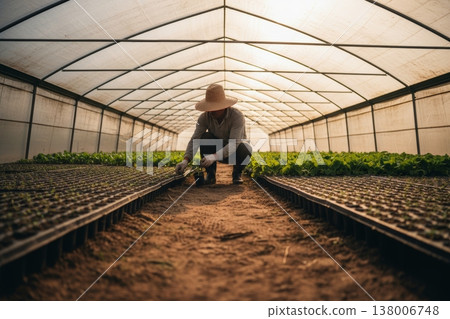 Farmer wearing straw hat checking seedlings in greenhouse tunnel Farmer wearing straw hat checking seedlings in greenhouse tunnel 138006748