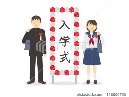 一塊描繪入學儀式和男女學生插圖的標誌。 138006760