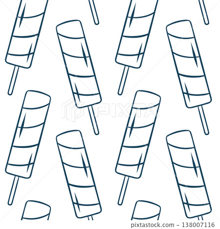 Blue sketch pattern of ice pops and fruit ice bars in simple repeating formation. Vector summer print for ice cream shops, packaging or party decorations Blue sketch pattern of ice pops and fruit ice bars in simple repeating formation. Vector summer print for ice cream shops, packaging or party decorations 138007116