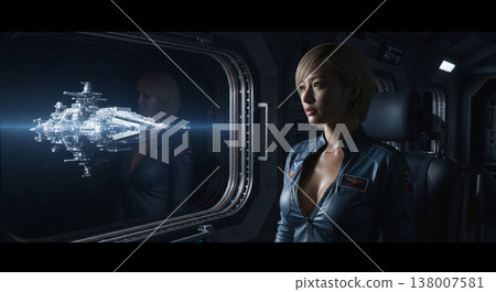 一位女飛行員坐在未來主義太空船的駕駛艙裡，凝視著窗外龐大的太空艦隊。 138007581