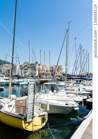 A yacht harbor in Bastia port, nestled beside a historic cityscape, on the French island of Corsica in the Mediterranean Sea. 138008119