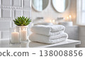 White Towels, Candles, and Succulent Plant in a Bright Modern Bathroom 138008856