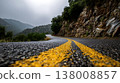 Winding Mountain Road with Yellow Lines under Overcast Sky 138008857
