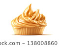 A delicious dessert shows caramel frosting swirled high in a ribbed, tan cup on white 138008860