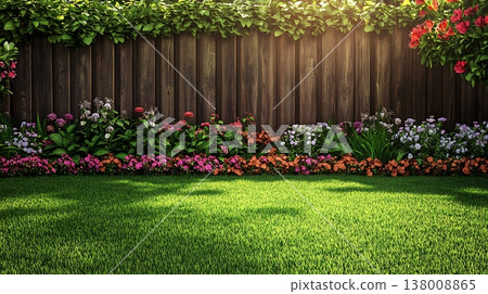 A weathered fence adorned with lush greenery and colorful flowers borders a vibrant lawn A weathered fence adorned with lush greenery and colorful flowers borders a vibrant lawn 138008865