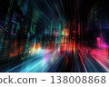 Abstract matrix of illuminated structures creates a dynamic digital cityscape impression with vivid colors 138008868