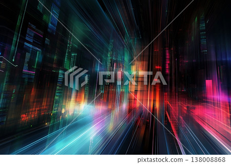 Abstract matrix of illuminated structures creates a dynamic digital cityscape impression with vivid colors 138008868