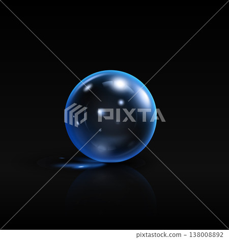 A blue glossy glass sphere with bright glowing highlights and reflections. 138008892