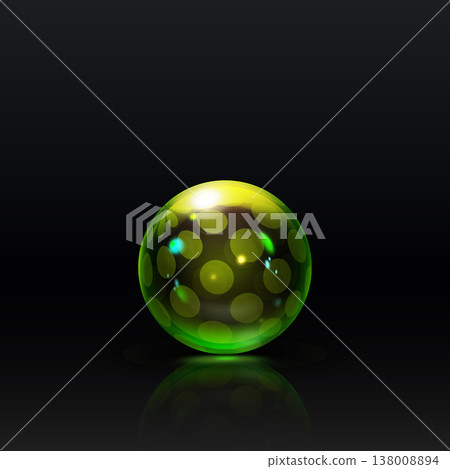 A yellow-green glass ball with a dotted pattern, highlights, a glow effect, and reflections. 138008894