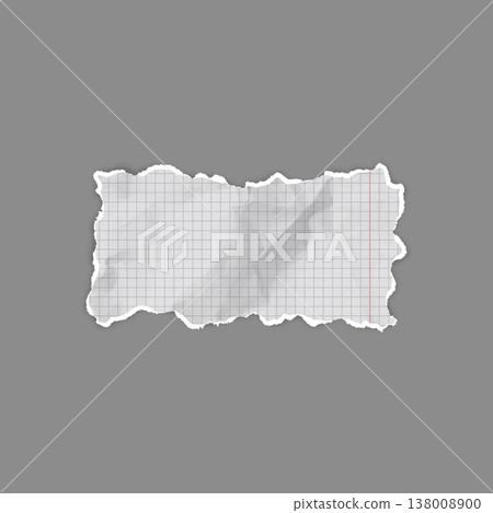 Crumpled torn checkered paper piece, vector realistic school page scrap, white torn notebook fragment creased texture Crumpled torn checkered paper piece, vector realistic school page scrap, white torn notebook fragment creased texture 138008900