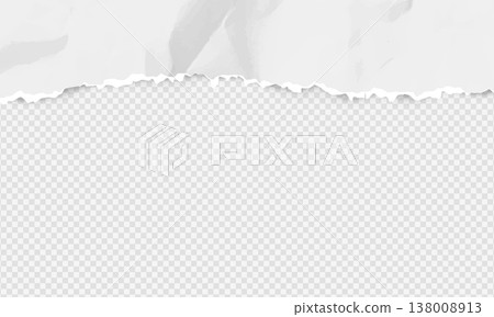 White torn paper frame top edge with empty space background, vector ripped horizontal paper page crumpled texture 138008913