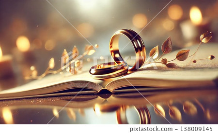一枚精美的結婚戒指陳列在一本打開的書裡。 138009145