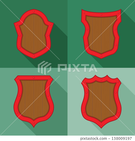 Large set of cartoon red shields with shadows Large set of cartoon red shields with shadows 138009197