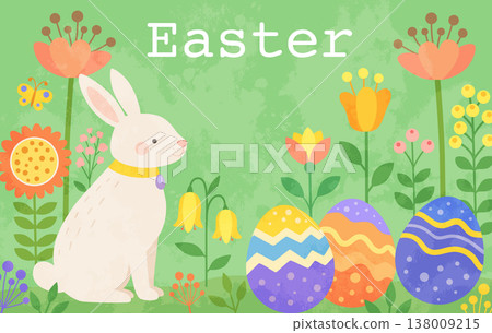 Easter greeting card with Easter bunny, eggs and abstract flowers Easter greeting card with Easter bunny, eggs and abstract flowers 138009215