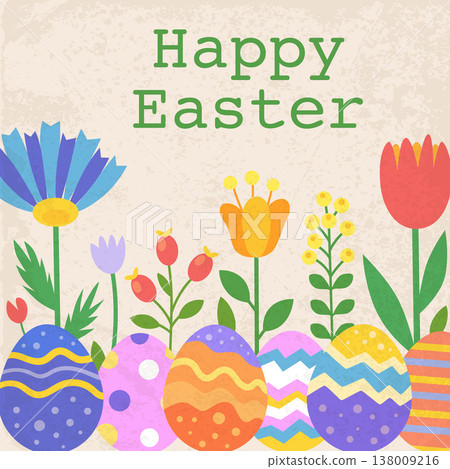 Easter greeting card with Easter eggs and abstract flowers. 138009216