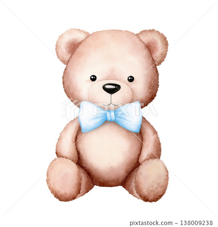 Cute soft brown teddy bear with blue bow tie. Watercolor illustration isolated on white. Hand drawn toy character in pastel colors. Perfect for baby shower invitations, greeting cards, stationery. Cute soft brown teddy bear with blue bow tie. Watercolor illustration isolated on white. Hand drawn toy character in pastel colors. Perfect for baby shower invitations, greeting cards, stationery. 138009238