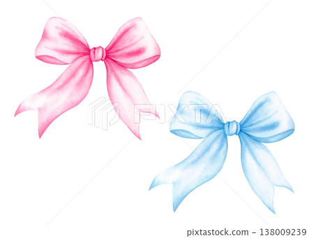 Watercolor illustration of blue and pink ribbon bows isolated on white background. Hand painted pastel decorative elements for baby shower invitations, birthday, greeting cards, stickers, stationery. Watercolor illustration of blue and pink ribbon bows isolated on white background. Hand painted pastel decorative elements for baby shower invitations, birthday, greeting cards, stickers, stationery. 138009239