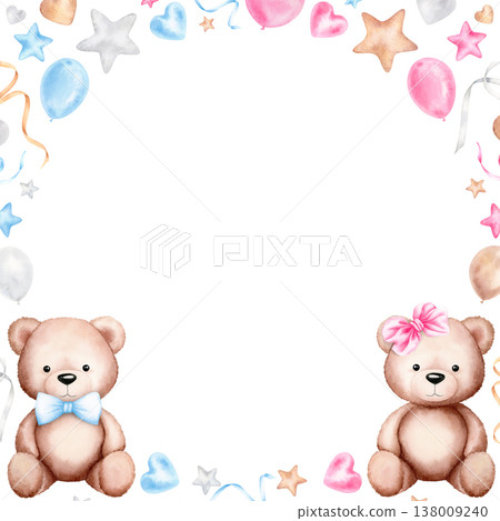 Watercolor square frame with bears, balloons, stars, hearts in pastel pink and blue tones. Hand painted illustration with copy space isolated on white. For boy or girl baby shower invitations, design. 138009240