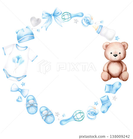 Teddy bear, bodysuit, beanie, socks, shoes, rattle, pacifier, bottle, safety pin, stars, heart. Blue boy items round frame with copy space for baby shower. Watercolor hand drawn illustration on white. 138009242