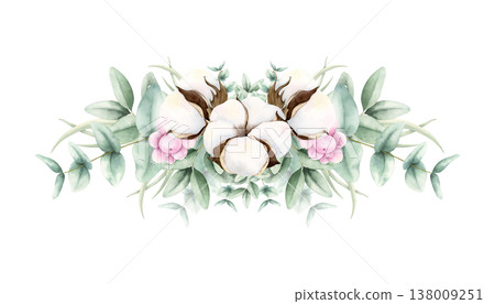 Hand drawn soft elegant cotton, eucalyptus and pink snowberries bouquet. Watercolor botanical illustration isolated on white background. Drawing for floral greeting cards, invitation, wedding designs Hand drawn soft elegant cotton, eucalyptus and pink snowberries bouquet. Watercolor botanical illustration isolated on white background. Drawing for floral greeting cards, invitation, wedding designs 138009251