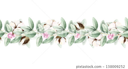 Watercolor cotton, eucalyptus and snowberries seamless border. Hand drawn illustration isolated on white. Botanical painting for greeting cards, invitations, wedding design, web banners, stationery. Watercolor cotton, eucalyptus and snowberries seamless border. Hand drawn illustration isolated on white. Botanical painting for greeting cards, invitations, wedding design, web banners, stationery. 138009252