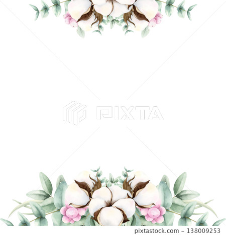 Watercolor cotton, eucalyptus and snowberries frame with copy space. Hand drawn botanical illustration isolated on white. Painting for wedding, birthday invitations, greeting cards, stationery, design Watercolor cotton, eucalyptus and snowberries frame with copy space. Hand drawn botanical illustration isolated on white. Painting for wedding, birthday invitations, greeting cards, stationery, design 138009253